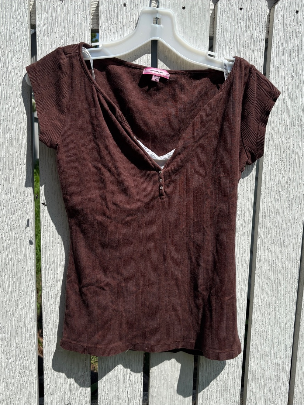 Energie brown henley lace trim button up top - size medium - Picture 1 of 4